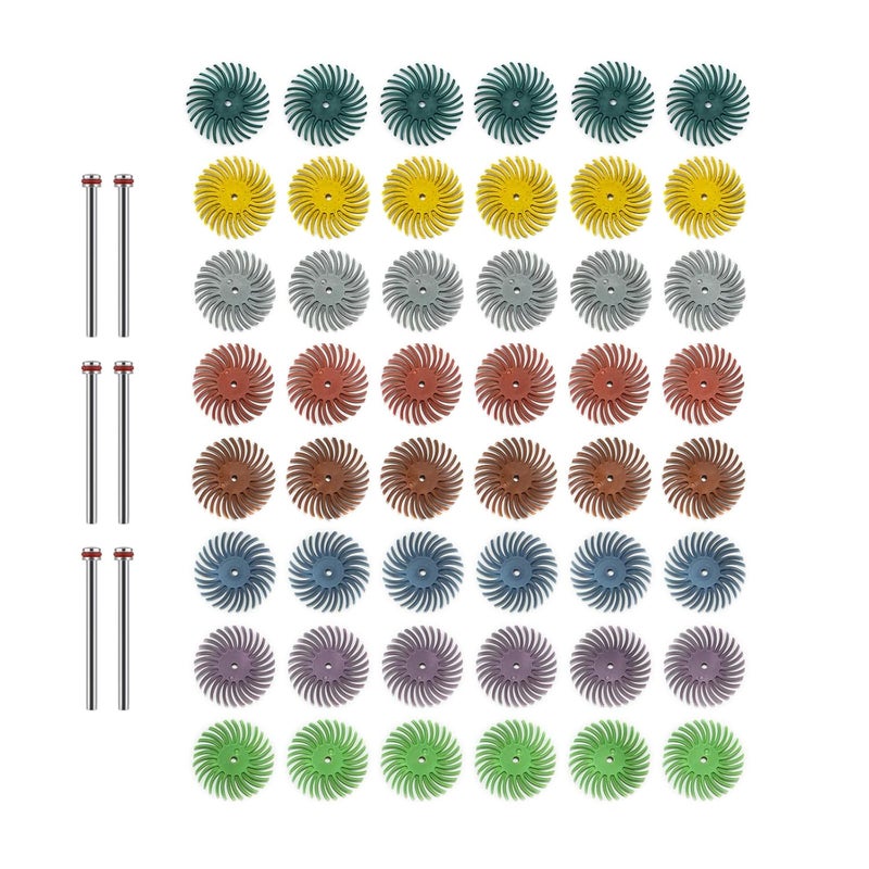 WEXWE Tools 48pcs 1 Inch Radial Bristle Disc Kit with 3mm Shank for Rotary Tools,Detail Abrasive Wheel for Jewelry Wood Metal Polishing, Bristle Wheel with Grit 50-1000 - Image 1
